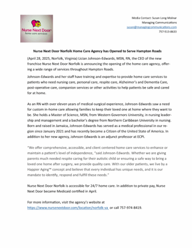 Nurse Next Door Norfolk Home Care Agency has Opened to Serve Hampton Roads