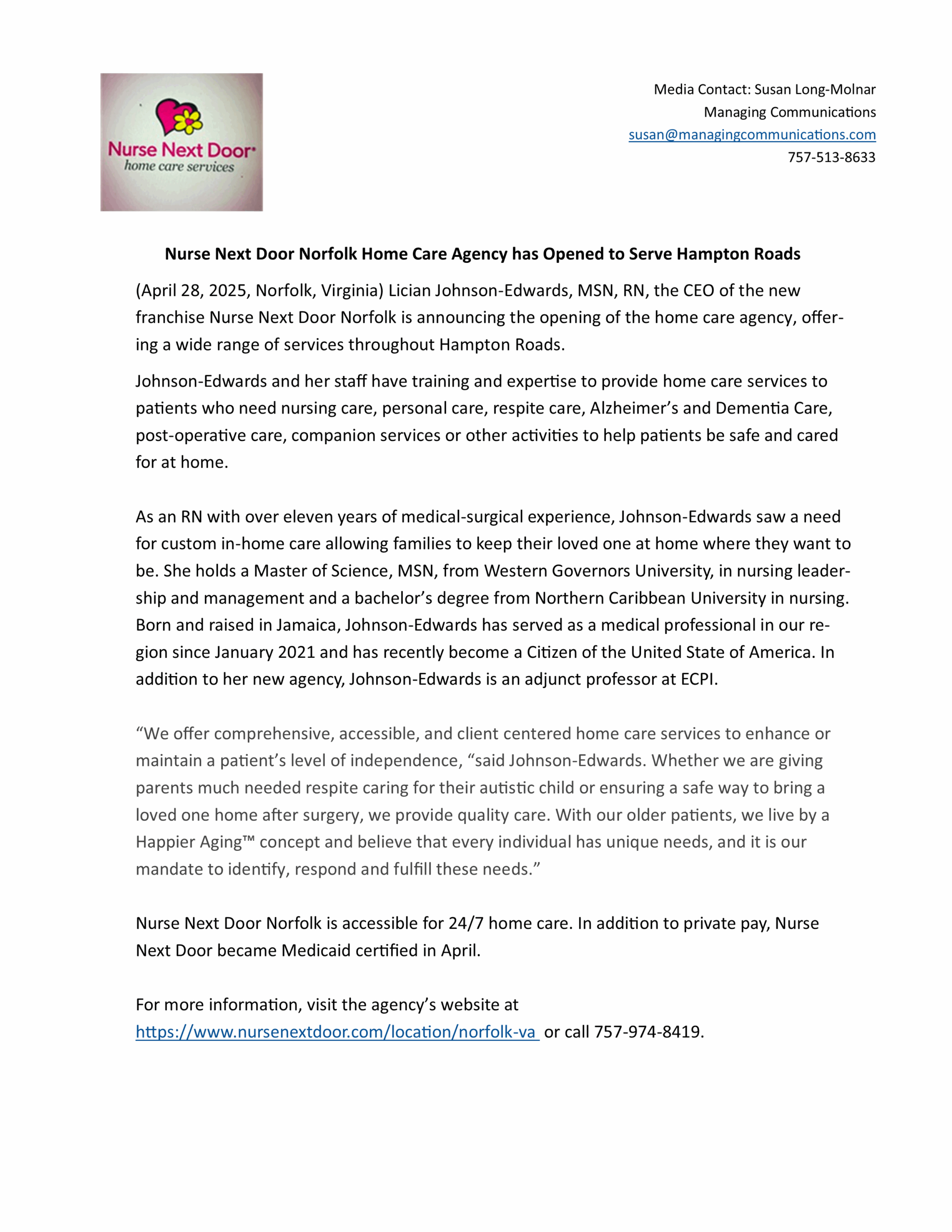 Nurse Next Door Norfolk Home Care Agency has Opened to Serve Hampton Roads